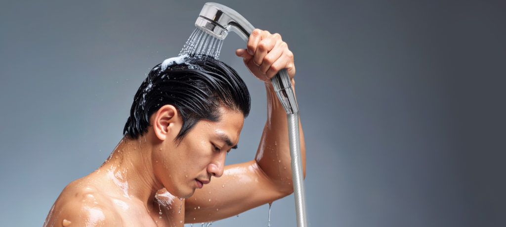 高濃度炭酸シャワーを浴びる男性